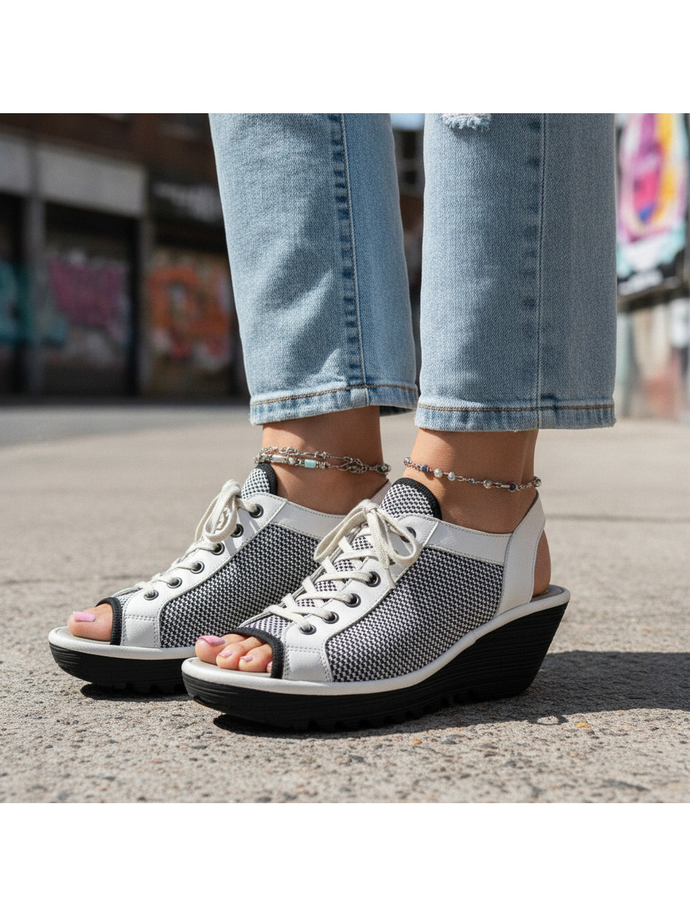 Fly London Yedu White Black Lace Up Wedge Sandals Mesh Size 41 US 10